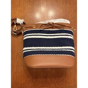 Vineyard Vines Navy Striped Woven Duck Cotton Canvas Purse  Leather Trim NWT